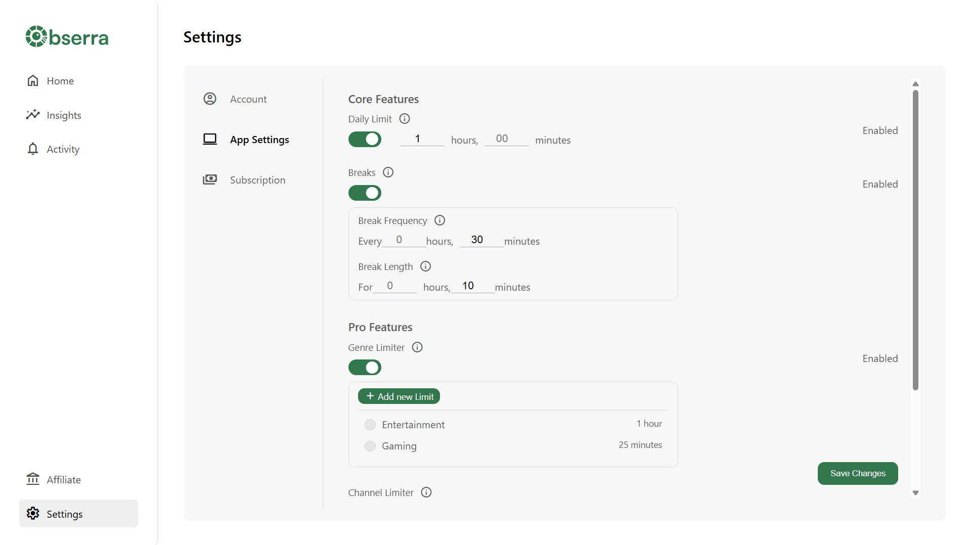 Obserra Settings Page