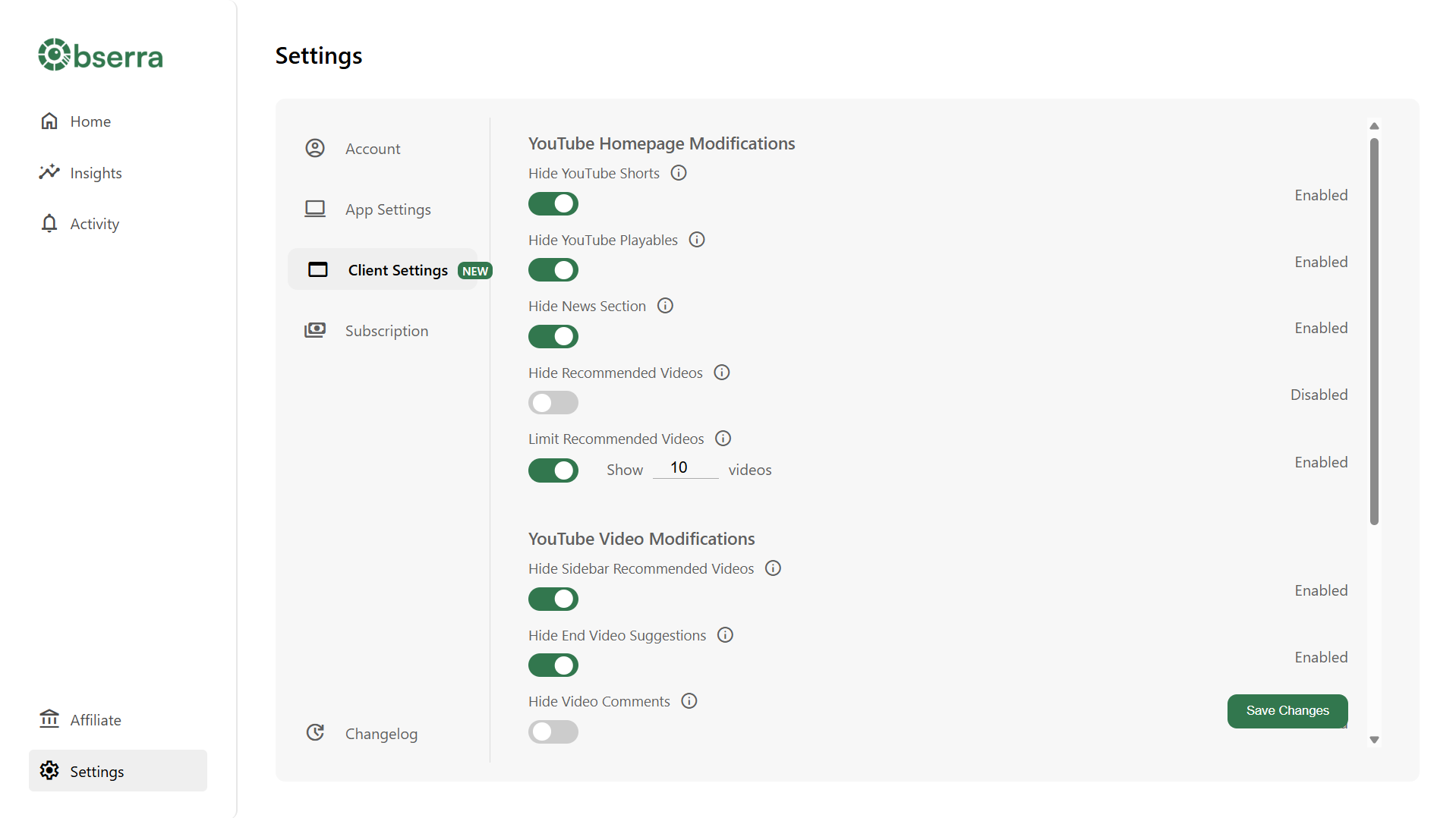 Obserra Client Modifications Settings page