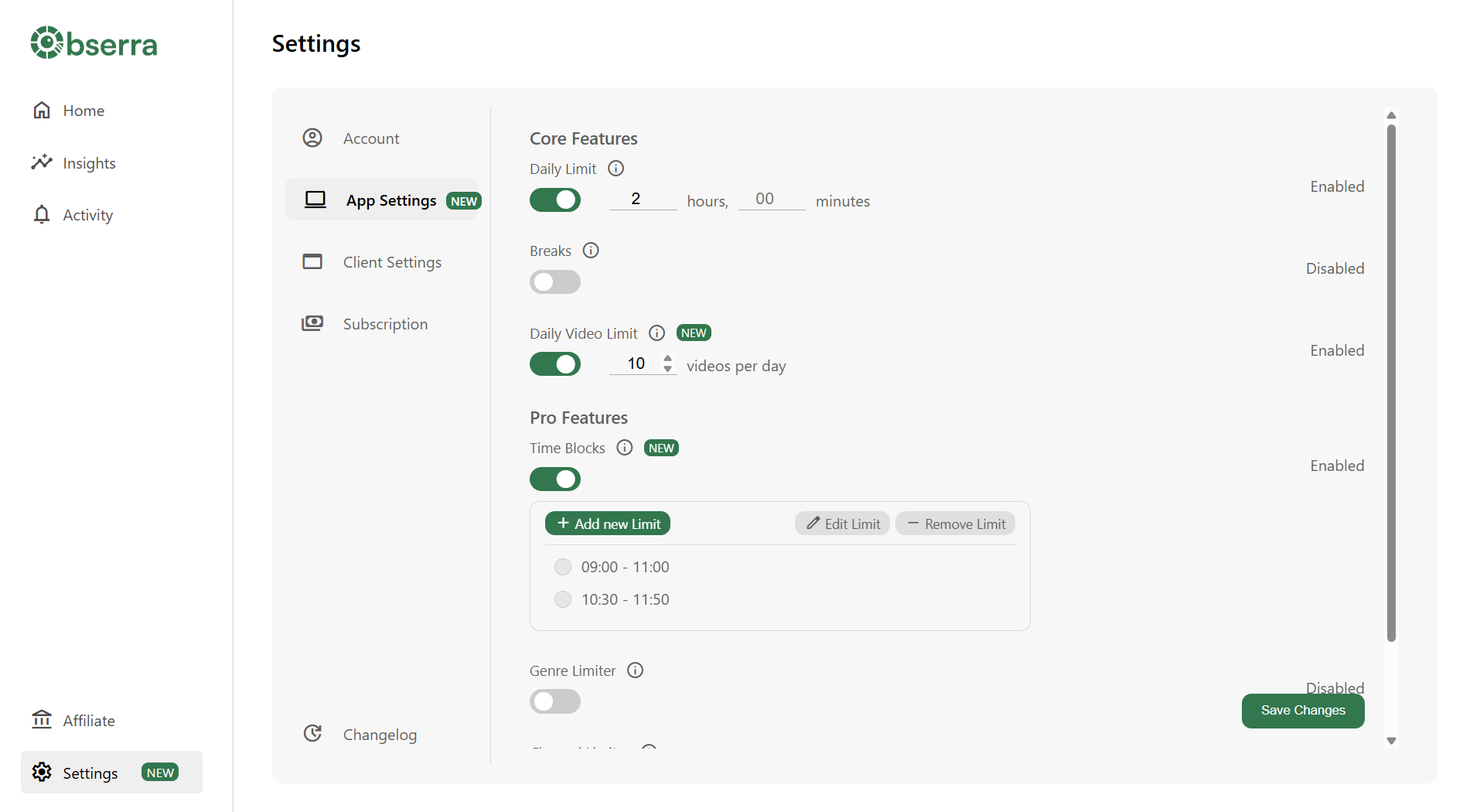 Obserra Client Modifications Settings page