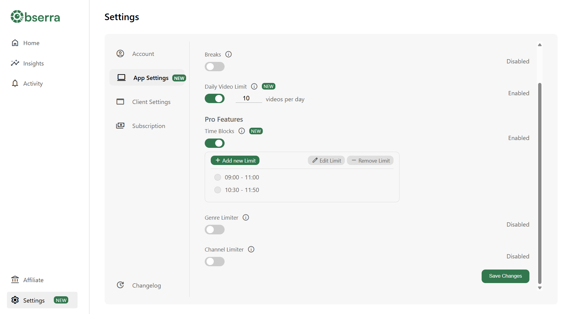 Obserra Client Modifications Settings page