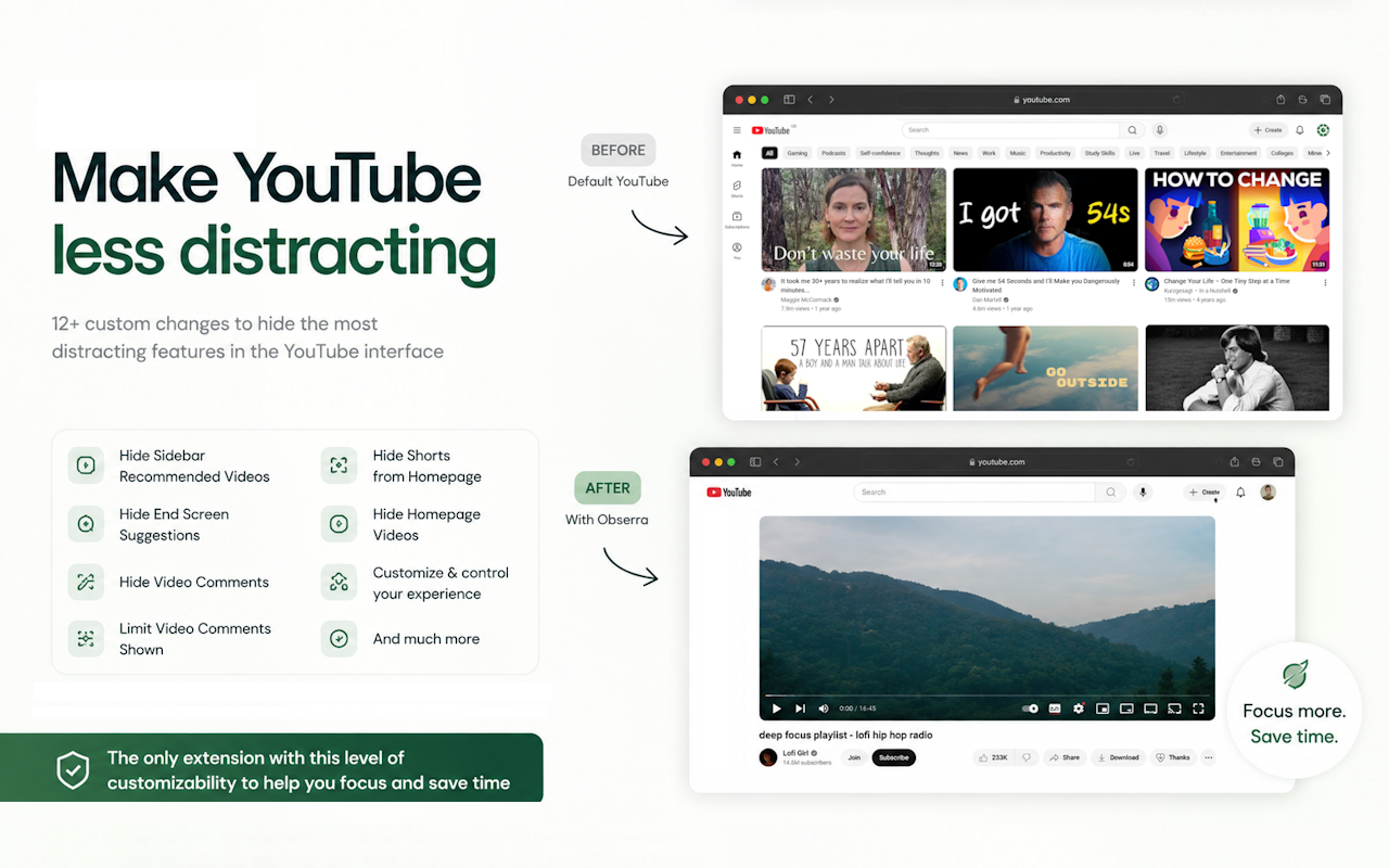 Obserra settings for hiding YouTube recommendations, Shorts and end screens